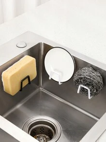 1pc Dishwashing Sponge With Drainage Rack, Kitchen Sink Dish Cloth, Steel Wool Ball, Scrubbing Rag Shelf, Suction Cup Storage Rack - White - View 10