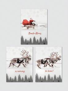 3入組聖誕老人坐雪橇、馴鹿無框畫,農舍風格聖誕家居裝飾及禮品無帶框畫布