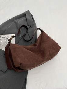 1pc Large Capacity Lightweight Coffee Brown Pu Zipper Solid Shoulder Bag, Daily Use - Coffee Brown - View 7