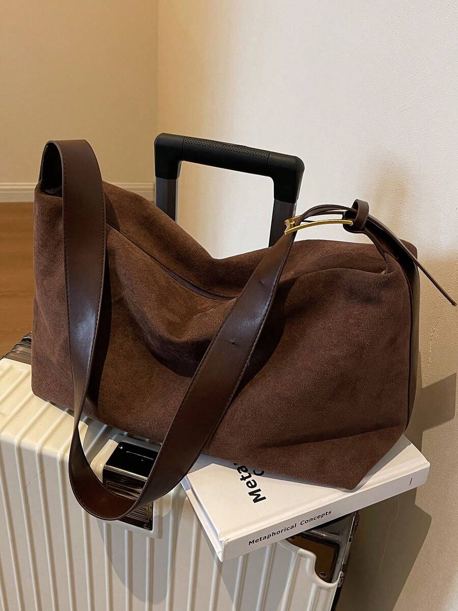1pc Large Capacity Lightweight Coffee Brown Pu Zipper Solid Shoulder Bag, Daily Use - Coffee Brown - View 1