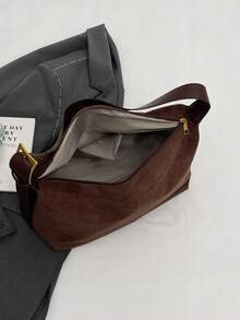 1pc Large Capacity Lightweight Coffee Brown Pu Zipper Solid Shoulder Bag, Daily Use - Coffee Brown - View 9