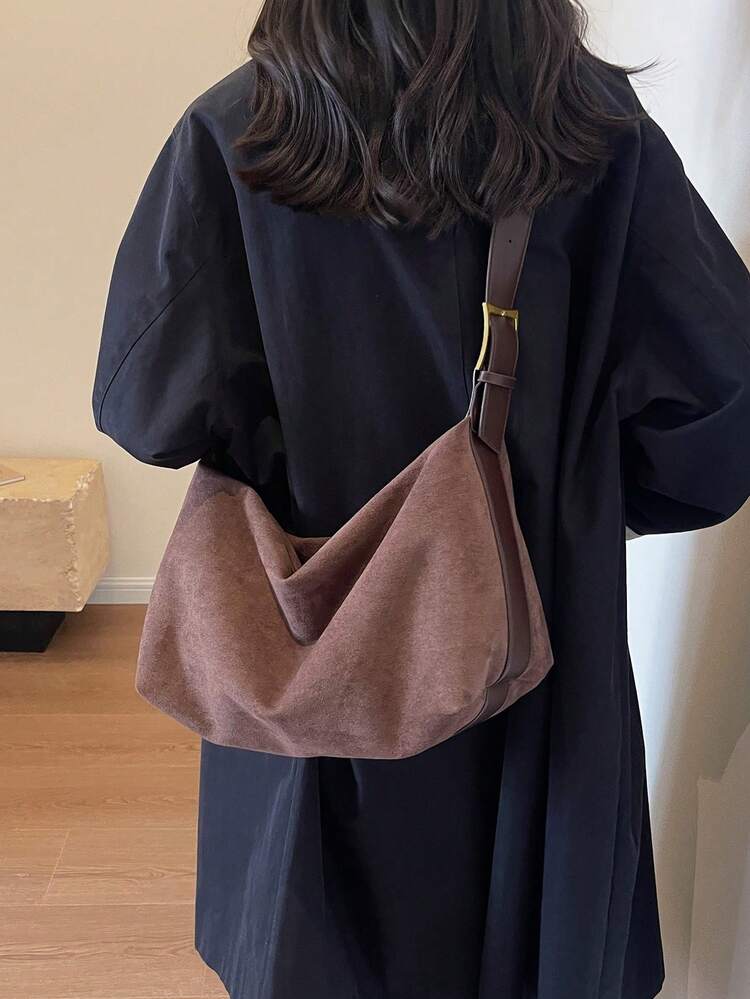 1pc Large Capacity Lightweight Coffee Brown Pu Zipper Solid Shoulder Bag, Daily Use - Coffee Brown - View 5