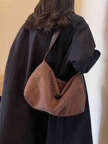 1pc Large Capacity Lightweight Coffee Brown Pu Zipper Solid Shoulder Bag, Daily Use - Coffee Brown - View 3