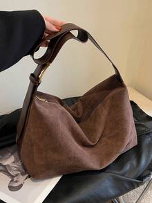 1pc Large Capacity Lightweight Coffee Brown Pu Zipper Solid Shoulder Bag, Daily Use - Coffee Brown - View 2