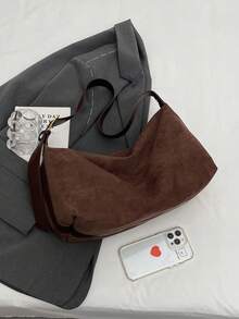 1pc Large Capacity Lightweight Coffee Brown Pu Zipper Solid Shoulder Bag, Daily Use - Coffee Brown - View 8