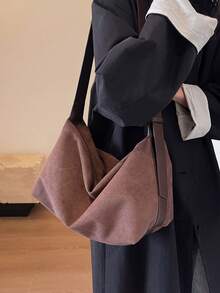 1pc Large Capacity Lightweight Coffee Brown Pu Zipper Solid Shoulder Bag, Daily Use - Coffee Brown - View 4