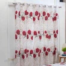 Cortina Rosas 2,00m x 1,80m para Varão Simples - Vermelho e Branco - Visão 1