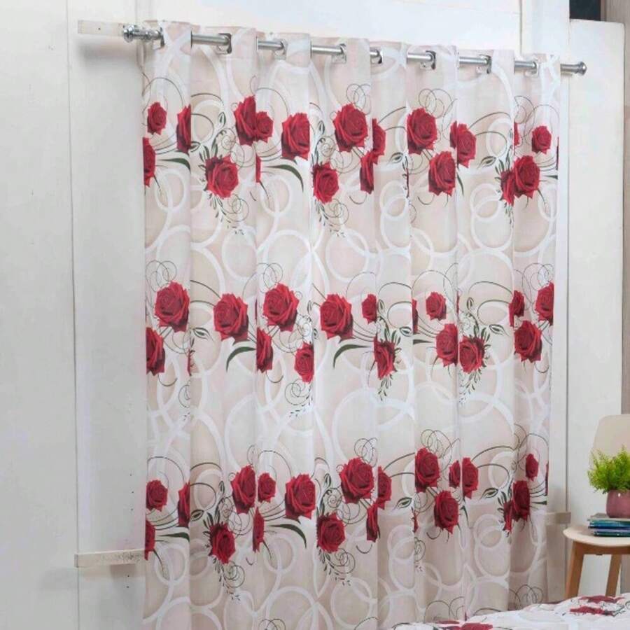 Cortina Rosas 2,00m x 1,80m para Varão Simples - Vermelho e Branco - Visão 1