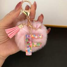 可爱 1 件女式大写字母钥匙扣，带粉色球、流苏、闪亮心形吊坠，完美作为闺蜜礼物汽车配件包饰品学院哥特 Y2k