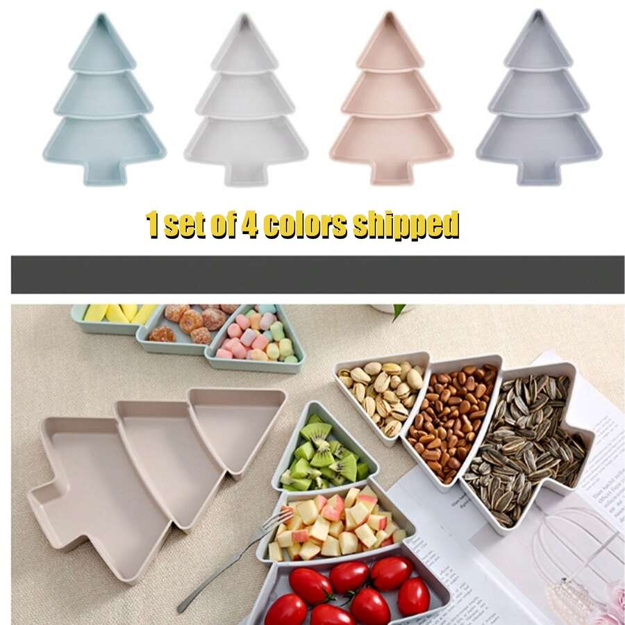 4 件装圣诞树形零食托盘、休闲零食盒、塑料糖果托盘、坚果和水果盘、派对和家居装饰、迷你树形分隔干果盘、塑料糖果盘 - 彩色 - 查看 1