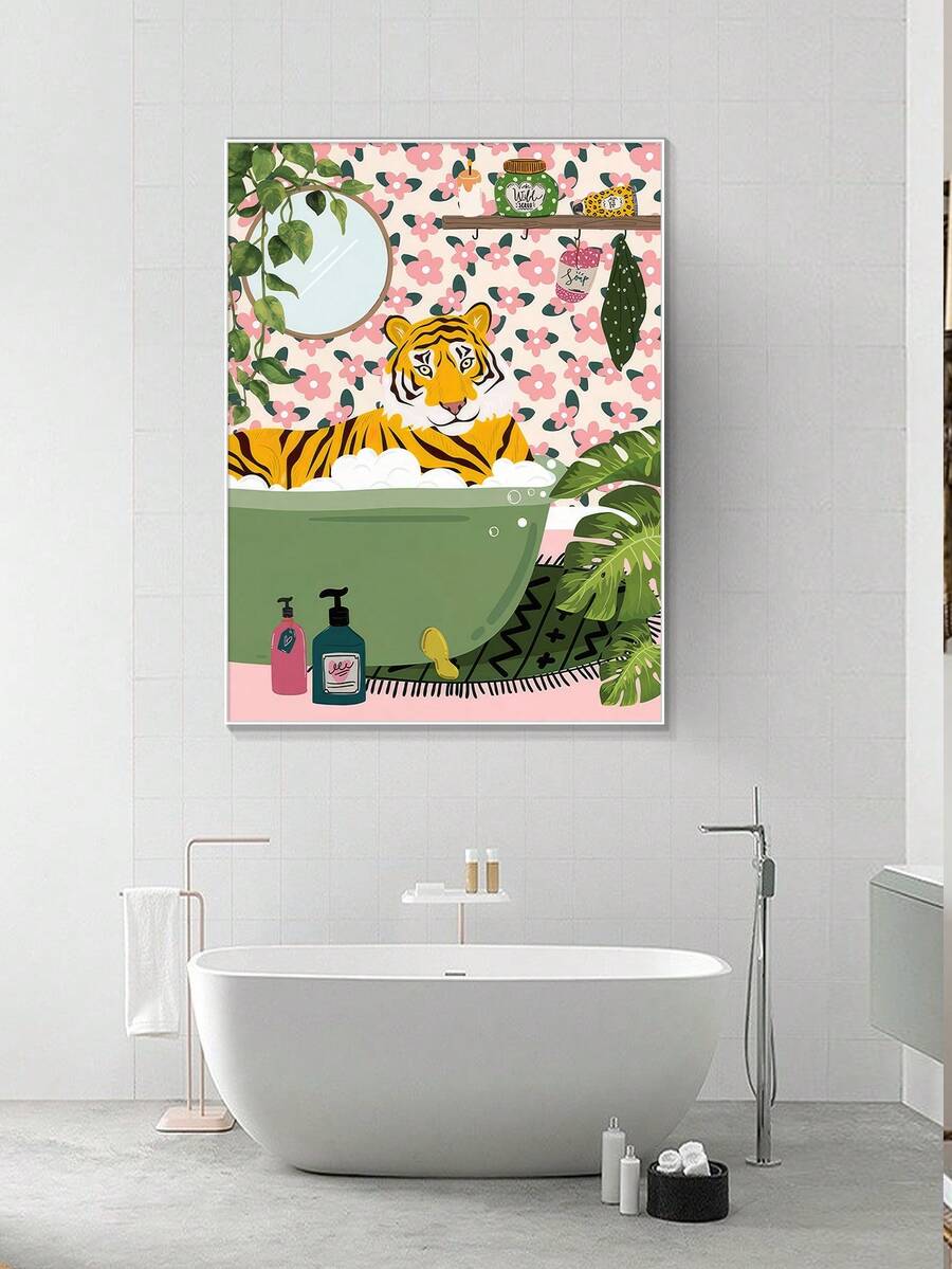1pc Modern Cartoon Tiger In Bath Pattern Canvas Print Bathroom Wall Art Decor Without Frame - Multicolor - View 1