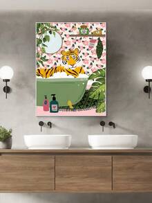 1pc Modern Cartoon Tiger In Bath Pattern Canvas Print Bathroom Wall Art Decor Without Frame - Multicolor - View 2