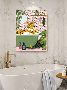 1pc Modern Cartoon Tiger In Bath Pattern Canvas Print Bathroom Wall Art Decor Without Frame - Multicolor - View 3
