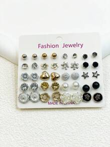 20對紙卡包裝的鑽石、珍珠、花朵、星形耳釘,適合女性日常佩戴、派對和節日禮物
