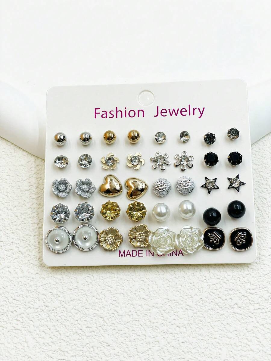 20對紙卡包裝的鑽石、珍珠、花朵、星形耳釘,適合女性日常佩戴、派對和節日禮物
