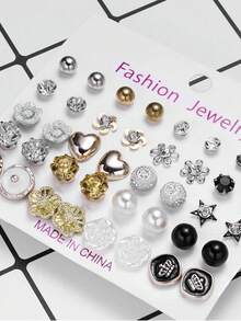 20對紙卡包裝的鑽石、珍珠、花朵、星形耳釘,適合女性日常佩戴、派對和節日禮物