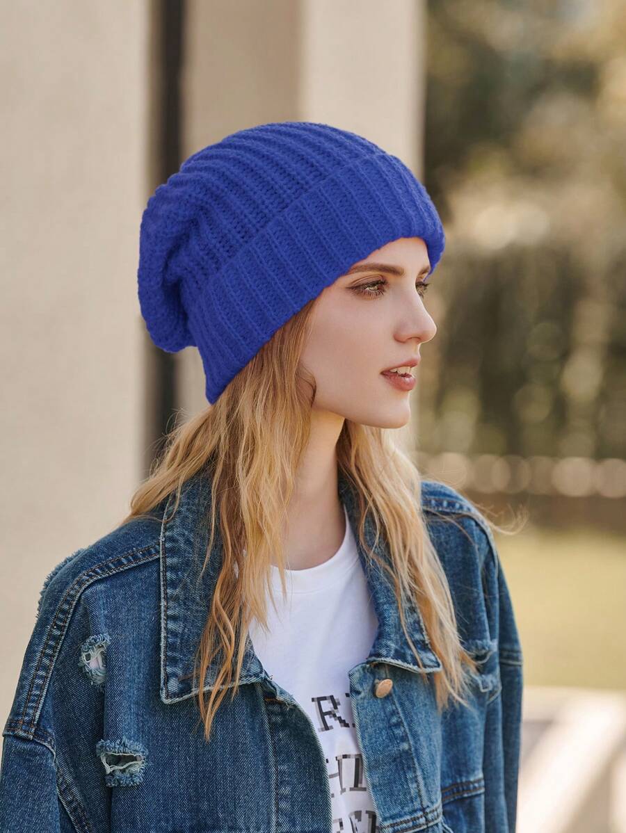 LEAJOURNO. 單一尺寸適用於男女 Universal 絨線毛線機蓋帽帶有厚實頭帶和毛球,冬季休閒風格 - 藍色 - 查看 1