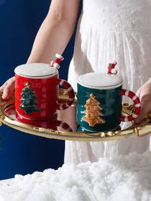 Taza De Cerámica Temática Navideña Con Tapa Y Cuchara, Regalo Creativo Para Chicas Y Parejas - Multicolor - Ver 8