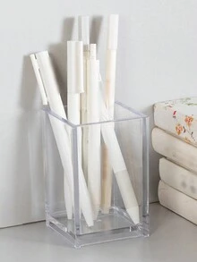 1個透明方形筆筒,簡約現代diy筆筒儲物盒,大容量透明有機膠筆筒,辦公桌面文具收納盒,學生化妝刷塑料收納盒 - 無色 - 查看 3