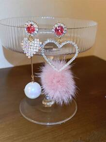 1對不對稱心形&假珍珠&粉色球&鑽石裝飾耳環,適合女性日常生活,晚宴派對和婚禮佩戴 - 愛心 - 查看 8