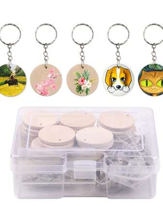 50Pcs Natural Round Wooden Discs With Hole, 35mm/1.38 Inch Unfinished Wooden Circles With Hole With 50 Pcs Keychain, Natural Wooden Discs Kit For Crafting For Keychain DIY Hanging Decorations