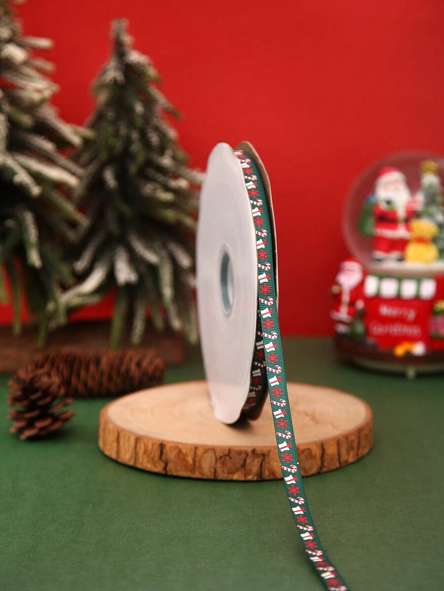 1卷1cm寬、20m長帶花紋的聚酯緞帶,適用於聖誕節禮品盒包裝和製作蝴蝶結 - 綠色 - 查看 1