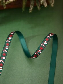 1卷1cm寬、20m長帶花紋的聚酯緞帶,適用於聖誕節禮品盒包裝和製作蝴蝶結 - 綠色 - 查看 2