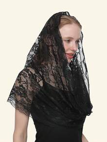 1 Miếng Của phụ nữ Đúng mốt Ren Thêu In Khăn trùm đầu , Đen Chống muỗi Chống tia cực tím Đi dạo Khăn choàng - màu đen - Xem 2