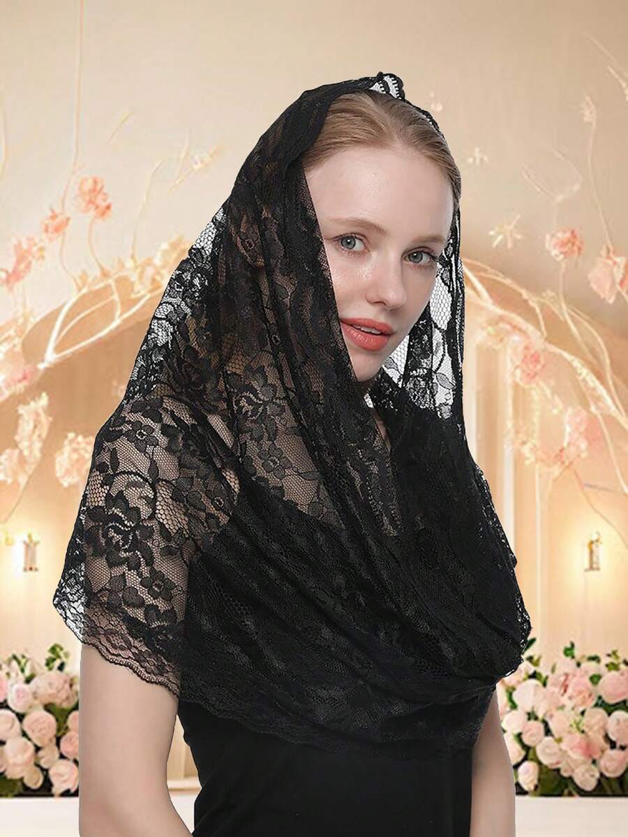 1 Miếng Của phụ nữ Đúng mốt Ren Thêu In Khăn trùm đầu , Đen Chống muỗi Chống tia cực tím Đi dạo Khăn choàng - màu đen - Xem 1