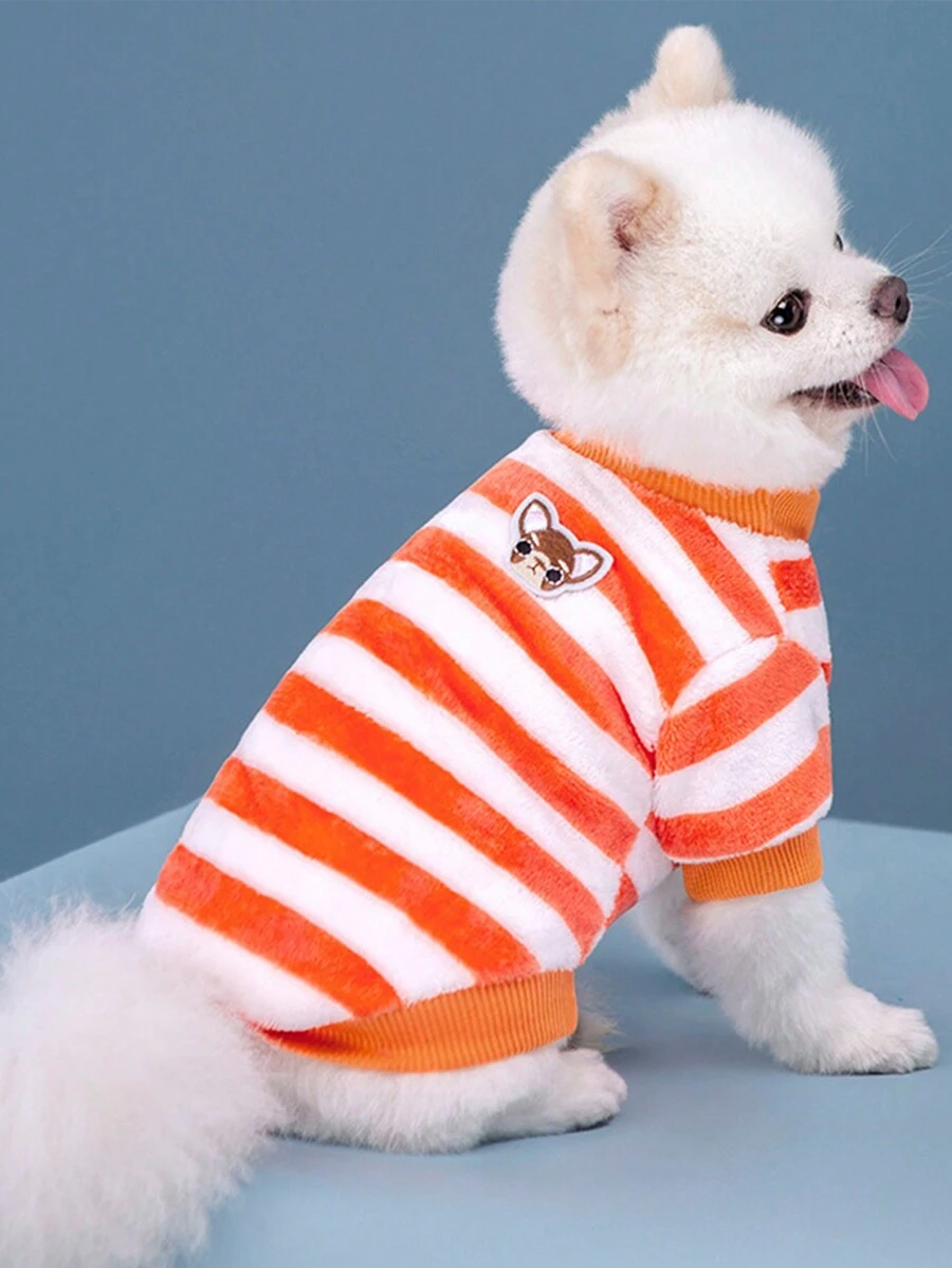 1件橘色和白色條紋抱抱衫,暖和的寵物服裝,適用於小型和中型貓犬 - 橘色 - 查看 1