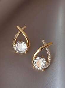 1對時尚十字形拉布拉多石和鑽石裝飾耳釘適合女性日常佩戴 - 金黃色 - 查看 3