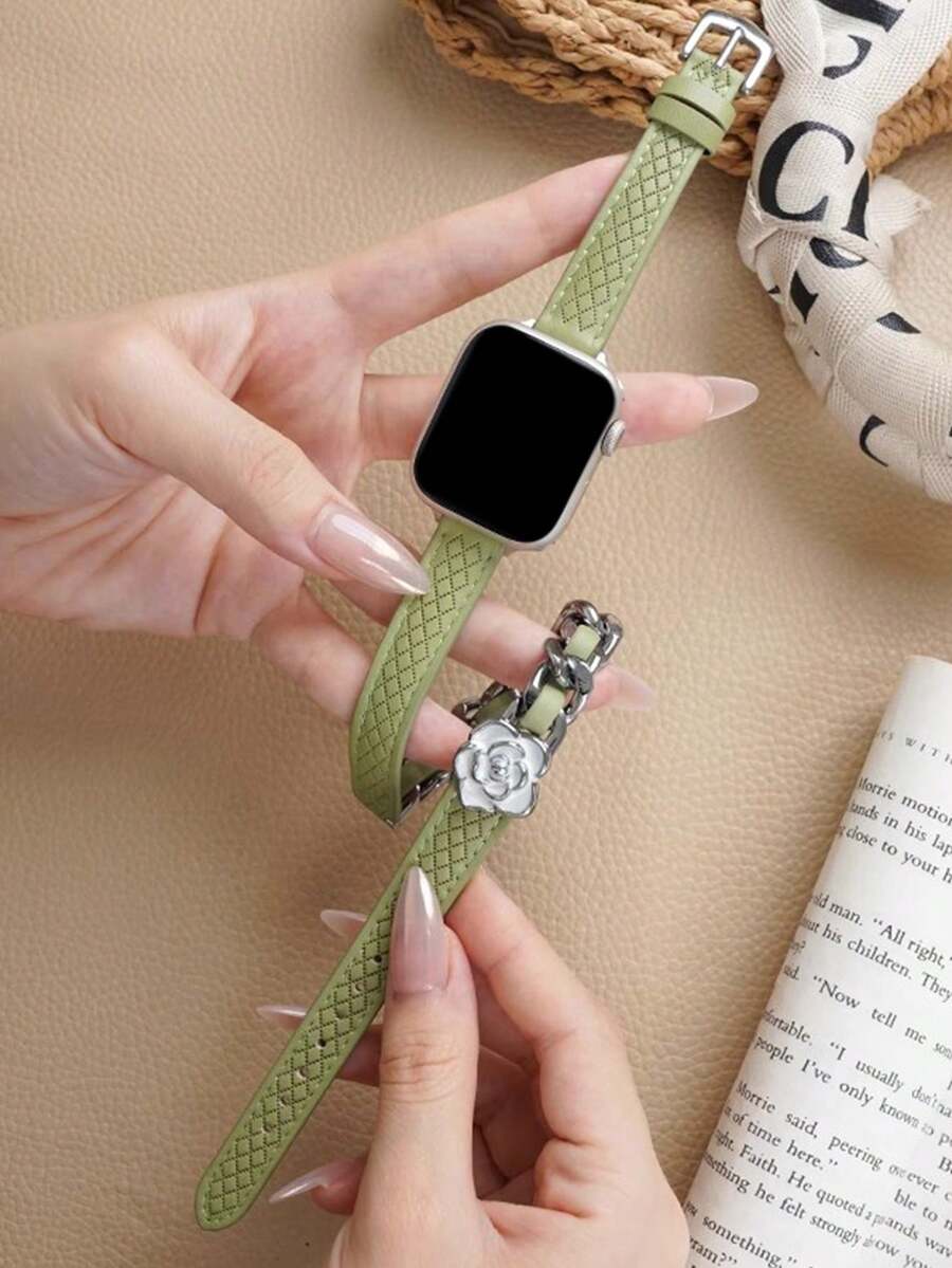 1只高端創意代替帶,抹茶綠色手錶表帶,適用於蘋果手錶8/9/watch系列9,雙循環+皮革+金屬,40/41/45mm,適用於女性 - 軍綠色 - 查看 1