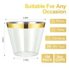 Party Plastic Cups 100 Pack 9 Oz Gold Plastic Cups Party Cups Cups Gold Rimmed Clear Plastic Cups For Party, Elegant Wine Glasses Gold Plastic Cups Cocktail Cups, Cups For Milkshake, Slush, Slurpee, Iced Tea, Iced Coffee, Frozen Cocktails, Beers, Cold Drink, Ice Cream, Any Cold Drink - Vàng - Xem 2