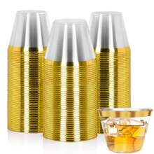 Party Plastic Cups 100 Pack 9 Oz Gold Plastic Cups Party Cups Cups Gold Rimmed Clear Plastic Cups For Party, Elegant Wine Glasses Gold Plastic Cups Cocktail Cups, Cups For Milkshake, Slush, Slurpee, Iced Tea, Iced Coffee, Frozen Cocktails, Beers, Cold Drink, Ice Cream, Any Cold Drink - Vàng - Xem 1