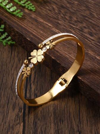1pc Fashionable Elegant Luxury Original Stainless Steel & Rhinestone Decorated Flower Aesthetics Cuff Bracelet For Women & Girls, Bridesmaid Gift Valentines,Mom,Mother,Mother's Day,Gift