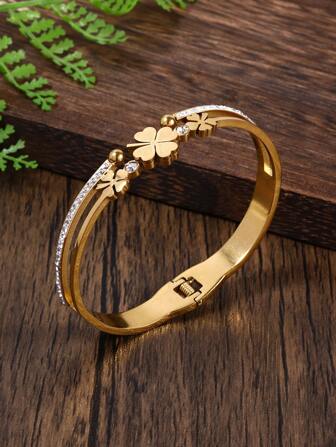 1pc Fashionable Elegant Luxury Original Stainless Steel & Rhinestone Decorated Flower Aesthetics Cuff Bracelet For Women & Girls, Bridesmaid Gift Valentines,Mom,Mother,Mother's Day,Gift