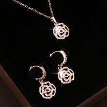 3入組時尚優雅的玫瑰花耳環和項鍊套裝,女士專用 - 白色 - 查看 10