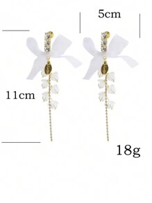 1pair White Ribbon Bow & Jewel Clip-on Earrings, Fashionable Design Suitable For Girls Without Pierced Ears - White - View 5