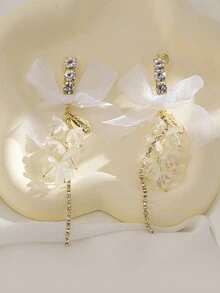 1pair White Ribbon Bow & Jewel Clip-on Earrings, Fashionable Design Suitable For Girls Without Pierced Ears - White - View 4