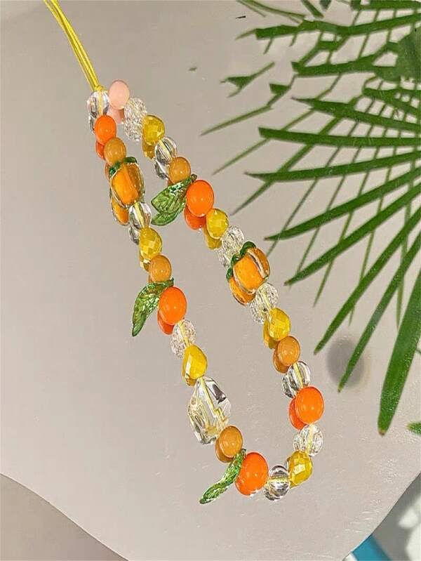 Phone Strap Beaded With Persimmon Or Orange Motif, Handmade DIY Camera Strap, Cute Coconut Tree For Summer