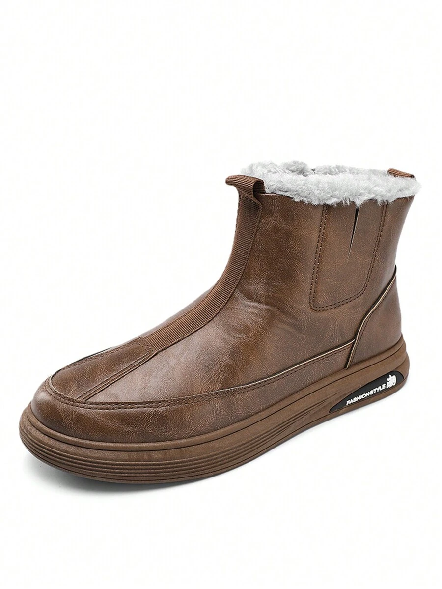 男士冬季雪靴加厚絨面黑色/棕色鞋子,加厚底防滑防水保暖靴 - 棕色 - 查看 1