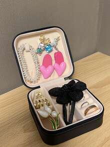 1pc耳环手链首饰盒简约迷你方形耳钉收纳盒防尘分层便携式拉链首饰收纳盒黑色旅行女珠宝绒布首饰盒