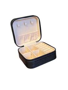 1pc耳环手链首饰盒简约迷你方形耳钉收纳盒防尘分层便携式拉链首饰收纳盒黑色旅行女珠宝绒布首饰盒