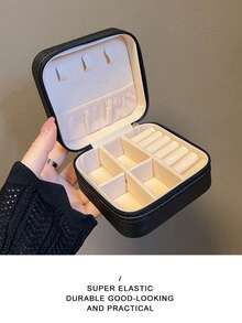 1pc耳环手链首饰盒简约迷你方形耳钉收纳盒防尘分层便携式拉链首饰收纳盒黑色旅行女珠宝绒布首饰盒