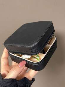 1pc耳环手链首饰盒简约迷你方形耳钉收纳盒防尘分层便携式拉链首饰收纳盒黑色旅行女珠宝绒布首饰盒