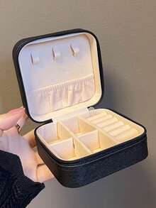 1pc耳环手链首饰盒简约迷你方形耳钉收纳盒防尘分层便携式拉链首饰收纳盒黑色旅行女珠宝绒布首饰盒