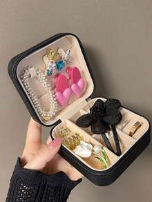 1pc耳环手链首饰盒简约迷你方形耳钉收纳盒防尘分层便携式拉链首饰收纳盒黑色旅行女珠宝绒布首饰盒