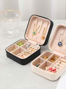1pc耳环手链首饰盒简约迷你方形耳钉收纳盒防尘分层便携式拉链首饰收纳盒黑色旅行女珠宝绒布首饰盒