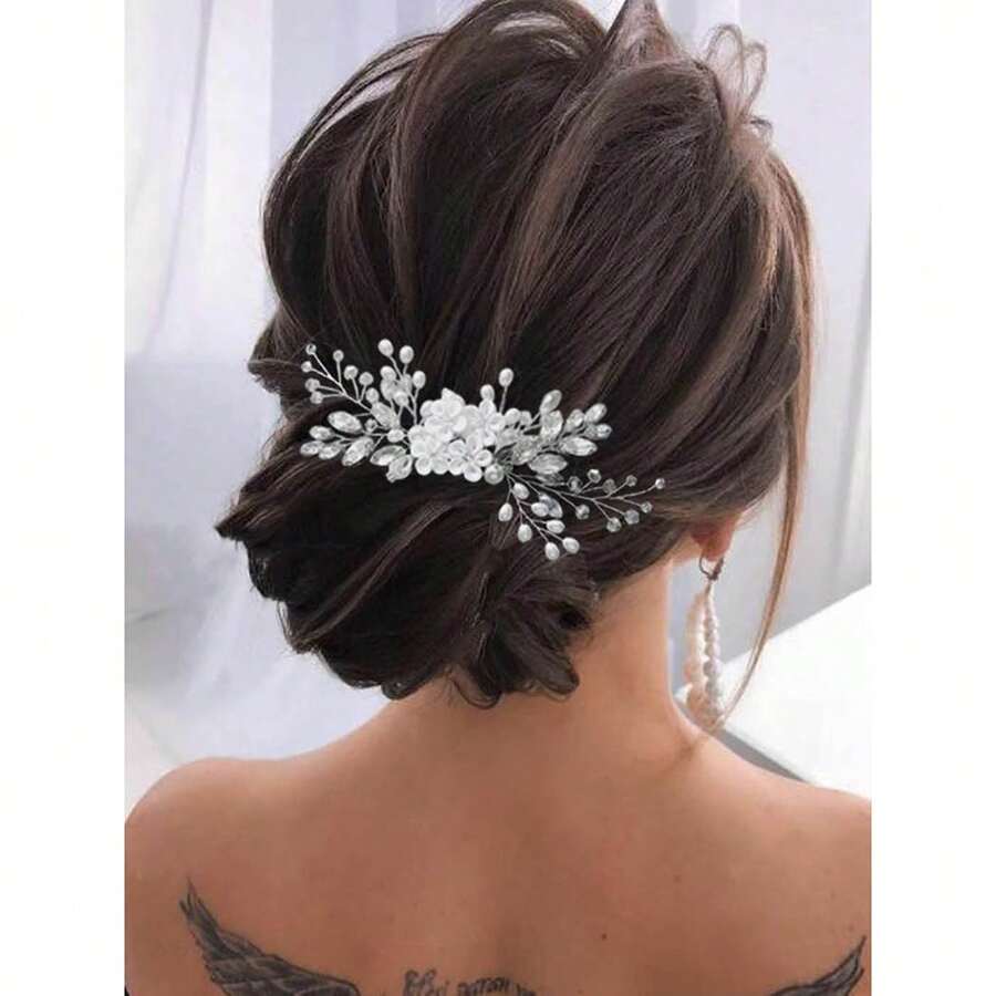 Unicra Flower Bride Wedding Hair Comb Silver Crystal Bridal Hair Accessories Pearl Hair Piece for Women and Girls - 銀色 - 查看 1