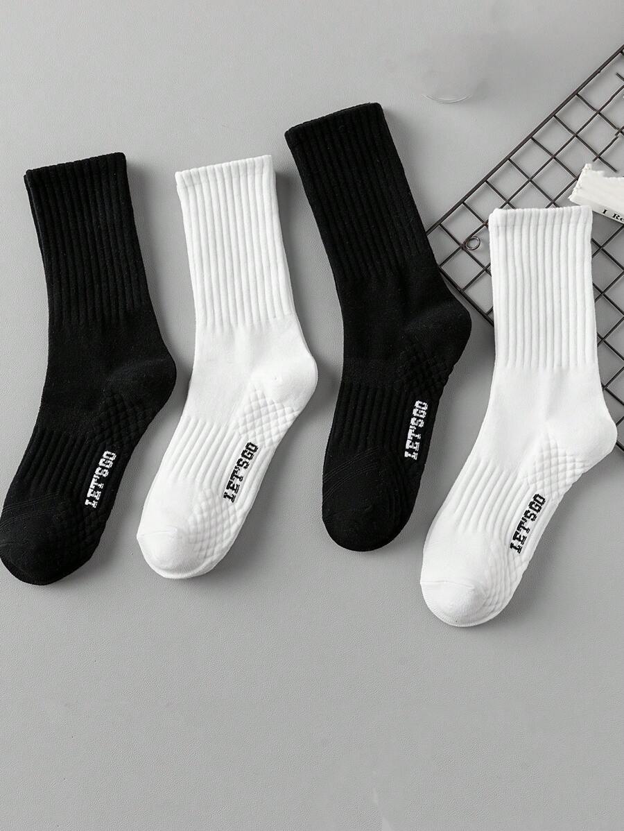 4 双（2 黑 2 白）运动长筒压缩袜，带按摩鞋底，健身房，秋季